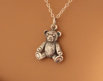 Sterling Silver Realistic Teddy Bear Charm Necklace, Teddy Bear Pendant Necklace, Teddy Bear Necklace, Realistic Teddy Bear Necklace