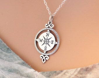 Sterling Silver Compass Pendant Necklace, Compass Charm Necklace, Compass Necklace, Silver Compass Necklace, Compass Pendant Necklace