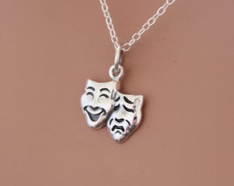 Sterling Silver Theater Mask Charm Necklace, Acting Charm Necklace, Comedy and Tragedy Necklace, Actor and Actress Charm Necklace,