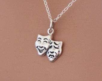 Sterling Silver Theater Mask Charm Necklace, Acting Charm Necklace, Comedy and Tragedy Necklace, Actor and Actress Charm Necklace,