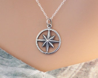 Sterling Silver Starburst Compass Necklace, Compass Necklace, Travel Necklace, Sterling Silver Travel Compass Necklace, Starburst Compass