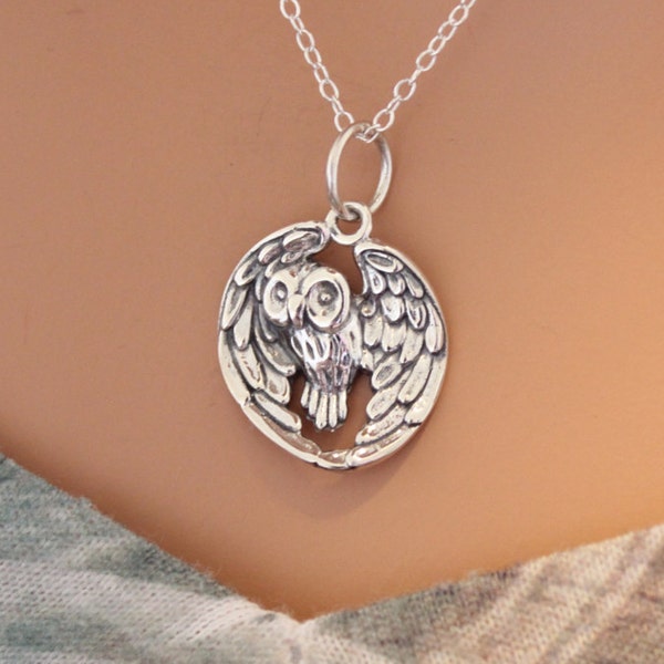 Sterling Silver Realistic Owl Pendant Necklace, Realistic Owl Necklace, Owl Necklace, Sterling Silver Owl Charm Necklace