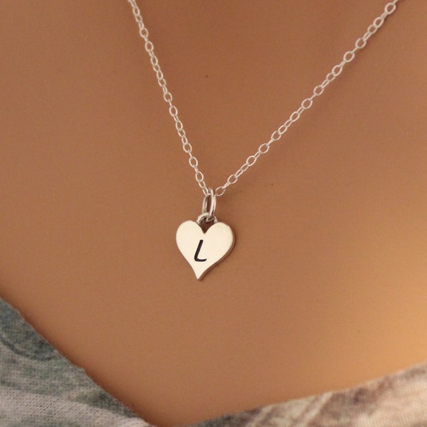 Sterling Silver L Letter Heart Necklace, Silver Tiny Stamped L Initial Heart Necklace, Stamped L Letter Charm Necklace, L Initial Necklace