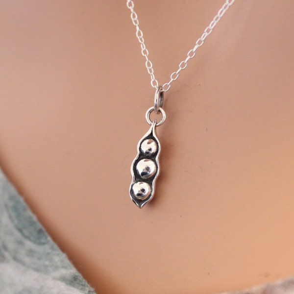 Sterling Silver Three Peas in a Pod Charm Necklace, Three Peas in a Pod Necklace, Pea Pod Necklace, Silver Three Peas in a Pod Necklace