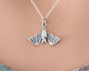 Sterling Silver Bat Necklace, Silver Realistic Bat Charm Necklace, Hanging Bat Charm Necklace, Bat Necklace, Upside Down Bat Necklace