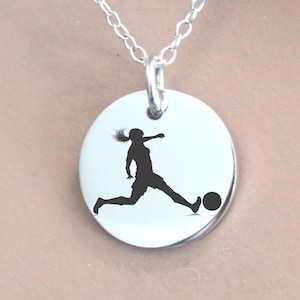 Custom Engraved Sterling Silver Soccer Girl Necklace, Sterling Silver Soccer Necklace, Silver Girl Playing Soccer Necklace, Soccer Necklace