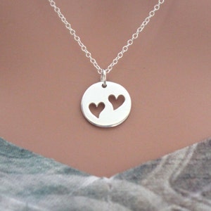 Sterling Silver Disk with Two Heart Cutouts Charm Necklace, Two Heart Necklace, Silver Gift for Mother of Two, Necklace for Mom of Two