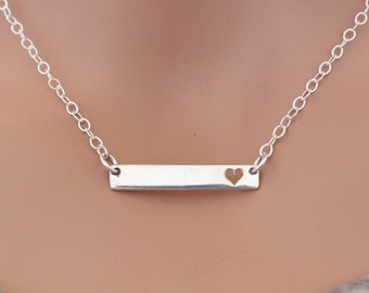 Sterling Silver Long Stamping Blank Bar with Heart Necklace, Bar with Heart Connector Necklace, Silver Heart Cutout Necklace
