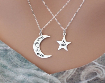 Conjunto de collar madre e hija en plata de ley: Te amo hasta la luna y de regreso