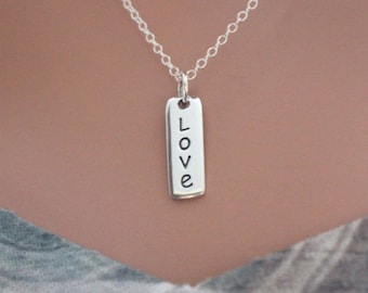 Sterling Silver Love Charm Necklace, Vertical Love Word Charm Necklace, Anniversary Love Necklace, Gift for Mom, Silver Love Necklace