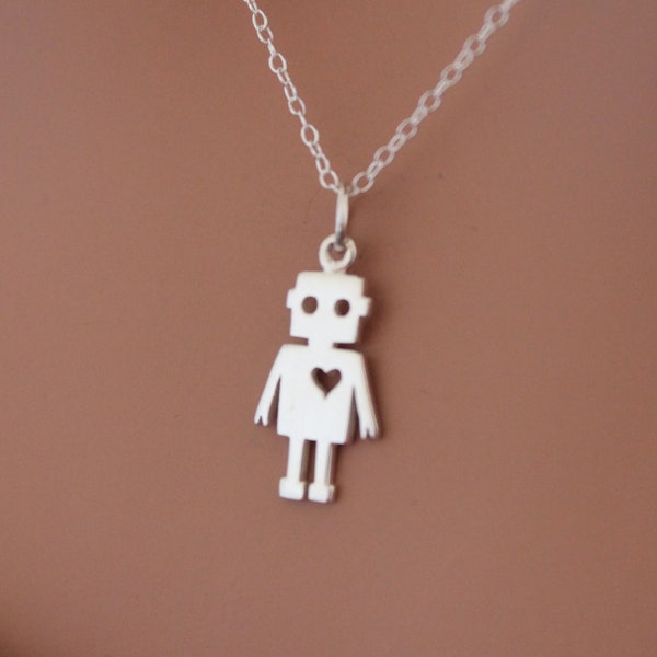 Sterling Silver Robot Charm Necklace, Robot Pendant Necklace, Robot Necklace, Silver Robot Necklace, Robot with Heart Charm Necklace