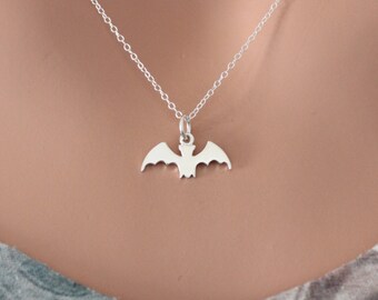 Sterling Silver Bat Necklace, Cute Bat Charm Necklace, Hanging Bat Necklace, Bat Necklace, Upside Down Bat Necklace, Halloween Bat Necklace