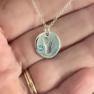 Sterling Silver Blue Gem Footprint Necklace, Sterling Silver Blue Crystal Footprint Necklace, Silver Footprint with Blue Crystal Necklace