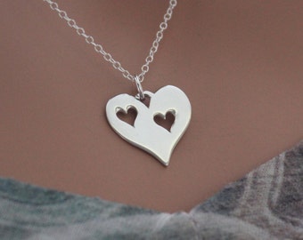 Sterling Silver Heart Necklace with Two Cutout Hearts