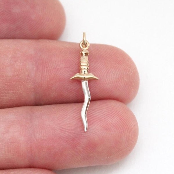 Sterling Silver Dagger Pendant with Bronze Handle and Serpentine Blade, Silver Dagger Charm Bronze Handle Serpentine Blade, Dagger Charm