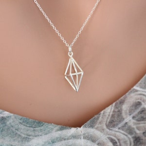 Sterling Silver Geometric Pendant Necklace, 3D Geometric Diamond Charm Necklace, Silver Diamond Cage Necklace, Cage Necklace, Silver Cage