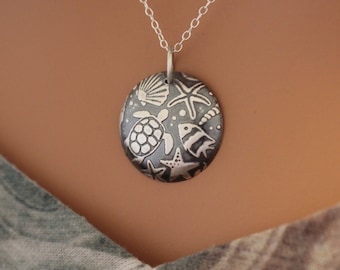 Sterling Silver Sea Life Pendant Necklace: Turtle, Starfish, Shell