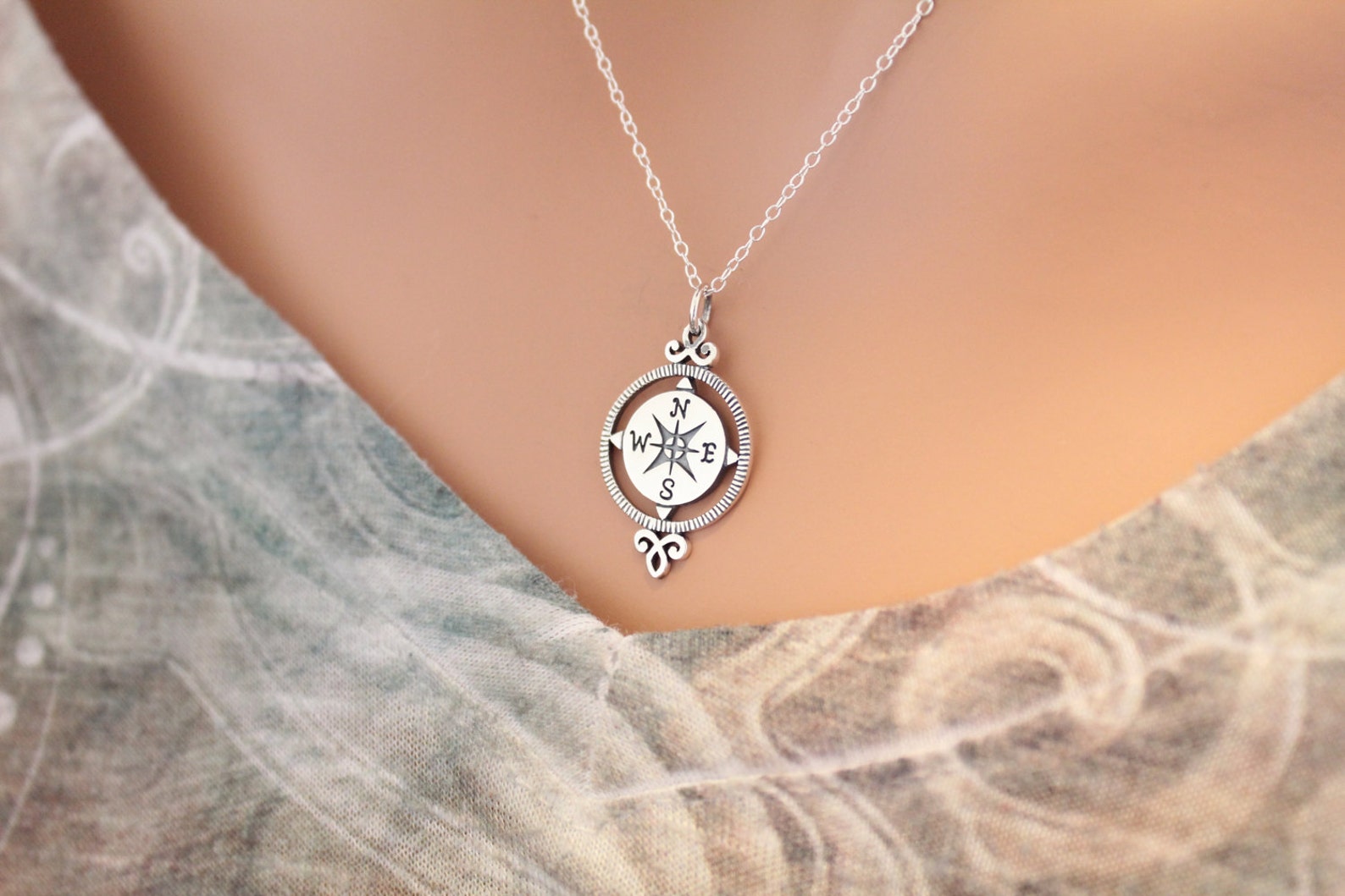 Sterling Silver Compass Pendant Necklace Compass Charm Etsy