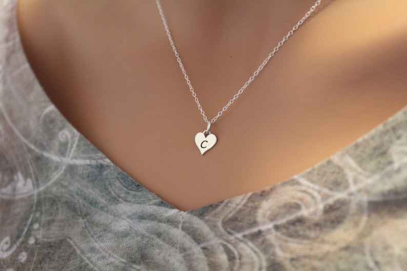 Sterling Silver C Letter Heart Necklace, Silver Tiny Stamped C Initial Heart Necklace, Stamped C Letter Charm Necklace, C Initial Necklace image 2