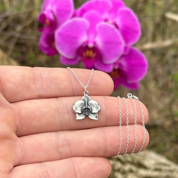 Sterling Silver Orchid Necklace, Sterling Silver Orchid Charm Necklace, Silver Orchid Charm Necklace, Orchid Charm Necklace, Orchid Necklace