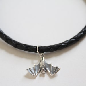 Leather Bracelet with Sterling Silver Bat Charm, Bat Bracelet, Bat Charm Bracelet, Silver Bat Charm Bracelet, Bat Pendant Bracelet, Bat