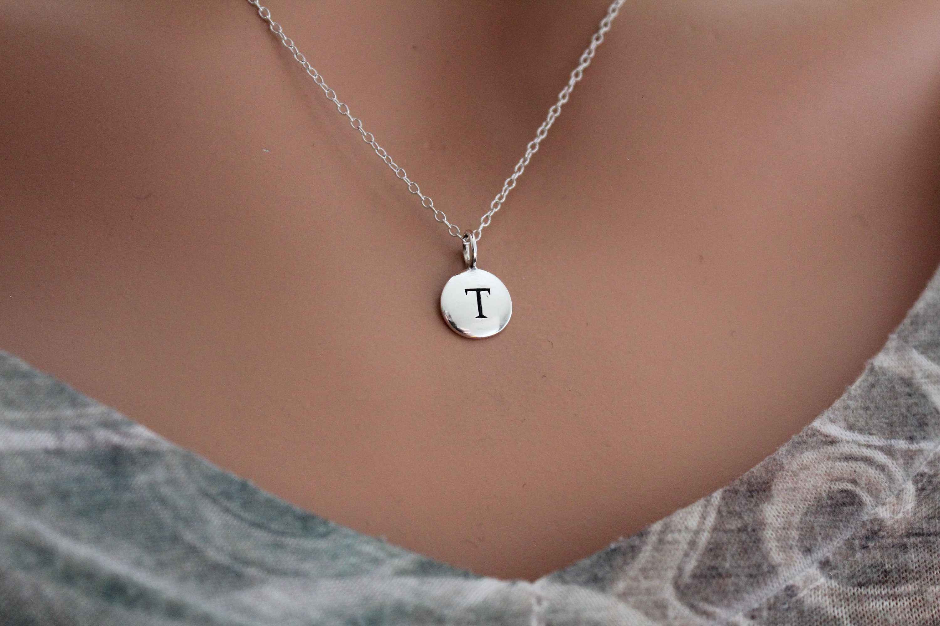Sterling Silver Simple T Initial Necklace Silver Stamped T