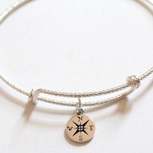 Sterling Silver Bracelet with Sterling Silver Tiny Compass Charm, Compass Charm Bracelet, Compass Bracelet, Tiny Compass Charm Bracelet