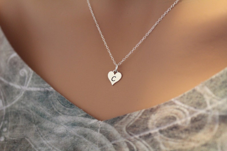 Sterling Silver C Letter Heart Necklace, Silver Tiny Stamped C Initial Heart Necklace, Stamped C Letter Charm Necklace, C Initial Necklace image 3