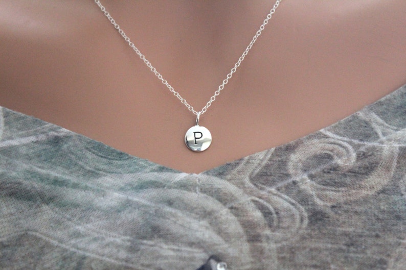 Sterling Silver Simple P Initial Necklace, Silver Stamped P Necklace, Stamped P Initial Necklace, Small P Initial Necklace, P Initial Charm image 2