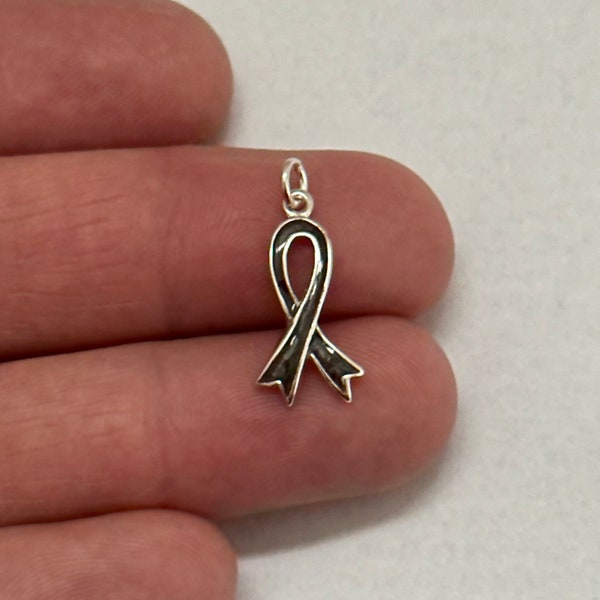 Sterling Silver Grey Cancer Ribbon Awareness Charm, Silver Grey Diabetes Ribbon Awareness Charm, Grey Brain Cancer Awareness Ribbon Charm