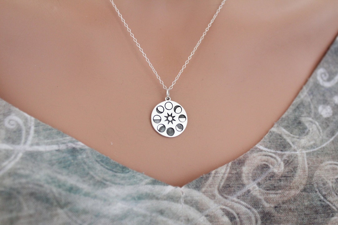 Sterling Silver Sun and Moon Phase Pendant Necklace - Etsy