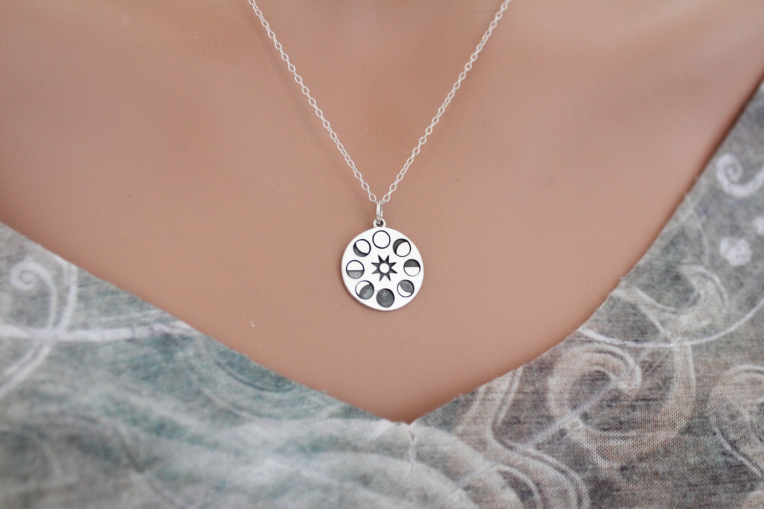 Sterling Silver Sun and Moon Phase Pendant Necklace - Etsy