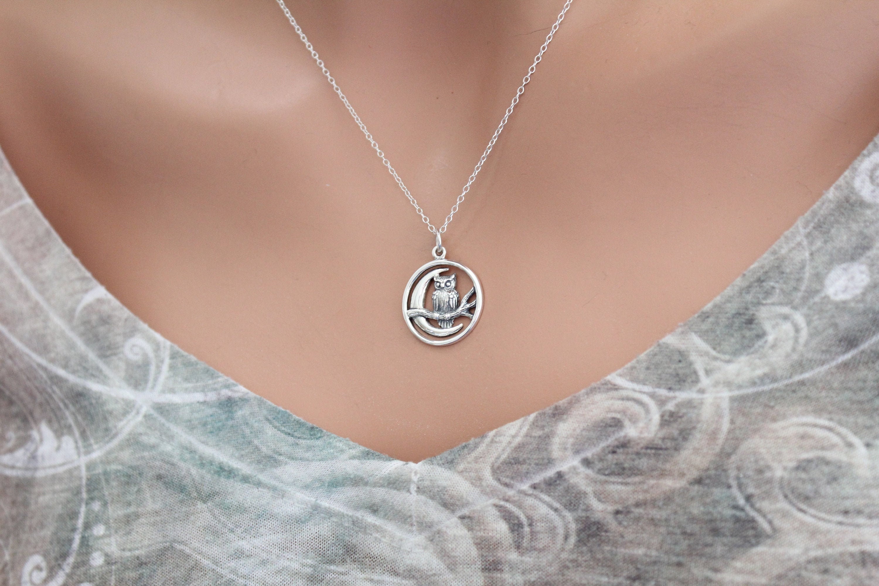 Sterling Silver Moon Charm with Owl Necklace, Sterling Silver Openwork Moon Charm with Owl Necklace,