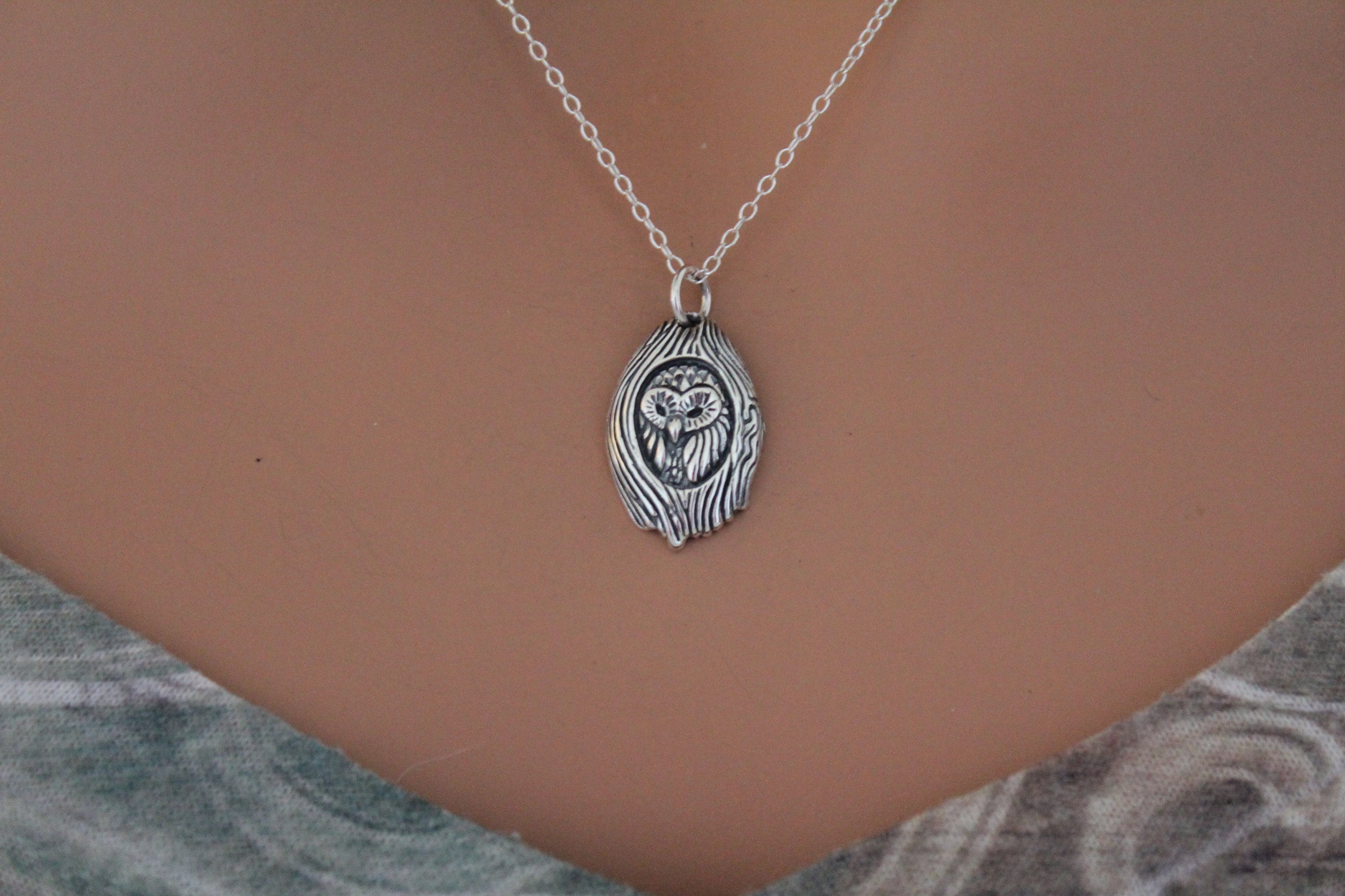 Sterling Silver Owl Necklace: Tree Charm Pendant