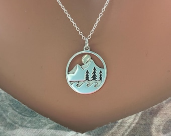 Sterling Silver Mountain and Forest Landscape Pendant Necklace with Bronze Sun