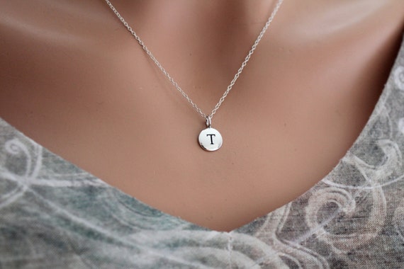 T Initial Necklace Silver Stamped 