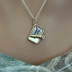 Sterling Silver and Bronze Can of Sardines Necklace, Silver and Bronze Can of Sardines Fish Necklace, Silver and Bronze Sardines Necklace