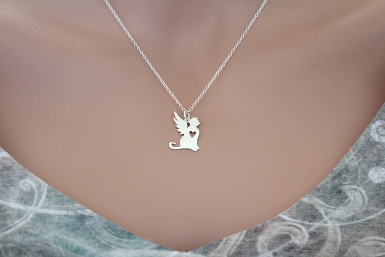 Sterling Silver Angel Cat Necklace: Winged Kitty Charm image 2