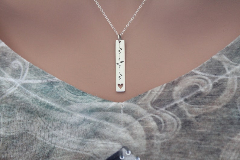 PERSONALIZED EKG NECKLACE Sterling Silver Vertical Heartbeat Bar Necklace with Heart Cutout, Engraved Heartbeat Necklace image 1