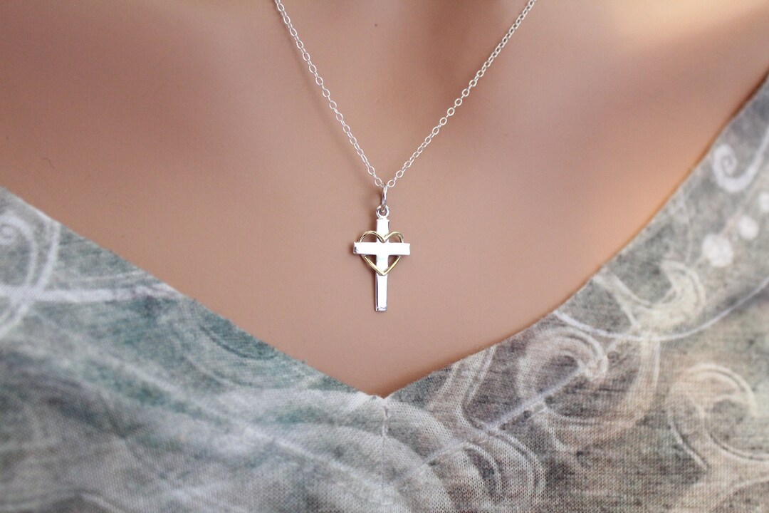Sterling Silver Cross With Wire Bronze Heart Necklace, Silver Cross