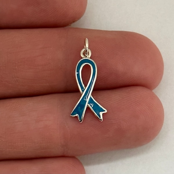 Sterling Silver Teal Awareness Ribbon for Ovarian Cancer Charm, Teal Ribbon for Ovarian Cancer Charm, Teal Ribbon Pendant, Teal Ribbon Charm