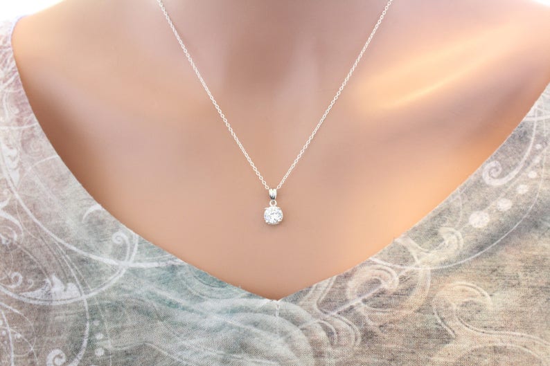 Sterling Silver Clear April Birthstone Necklace, Silver April Birthday Necklace, Clear April Birthstone Charm Necklace, Birthstone image 2