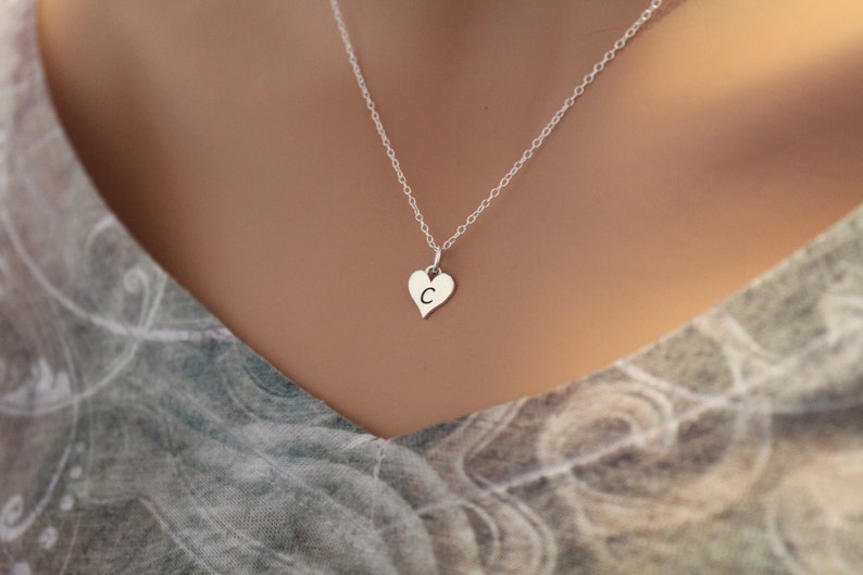 Sterling Silver C Letter Heart Necklace, Silver Tiny Stamped C Initial Heart Necklace, Stamped C Letter Charm Necklace, C Initial Necklace image 1