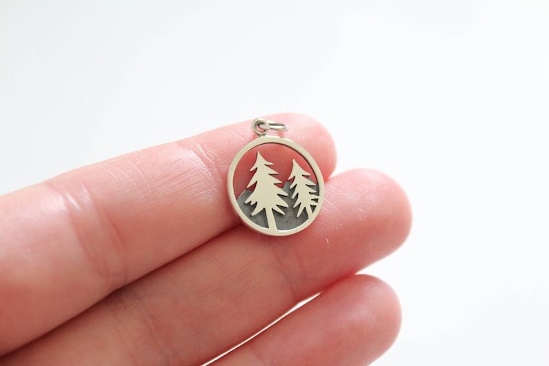 Mountain Charm Silver Camping Pendant Sterling Silver Tree and Mountain Pendant Pine Tree Pendant Hiking Pendant Charm for Camper