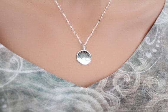 Sterling Silver Mountain Necklace: Moon Phase Charm