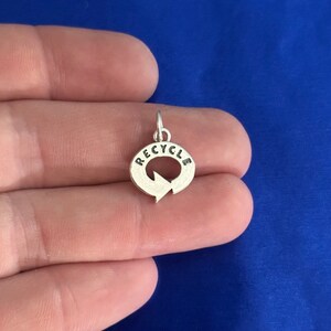 Sterling Silver Recycle Symbol and Word Charm, Silver Recycle Symbol and Recycle Word Charm, Silver Recycle Symbol and Word Pendant