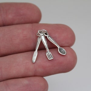 Sterling Silver Cutlery Charm, Fork, Spoon, and Knife Charm, Silver Oxidized Utensil Charm, Silver Cutlery Charm, Knife Fork Spoon Charm