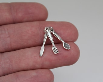 Sterling Silver Cutlery Charm, Fork, Spoon, and Knife Charm, Silver Oxidized Utensil Charm, Silver Cutlery Charm, Knife Fork Spoon Charm