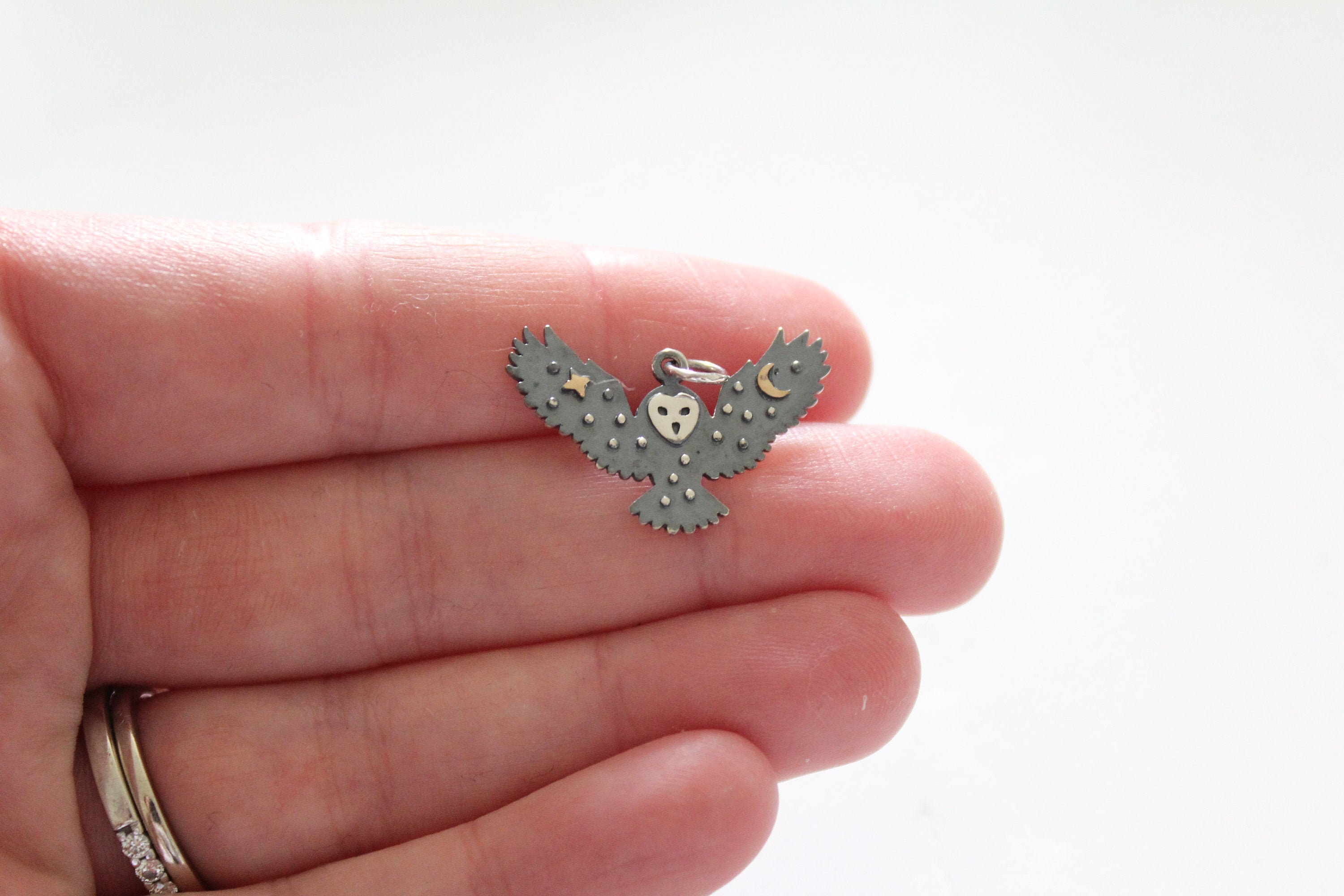 Sterling Silver Owl Charm with Bronze Star and Moon Charm, Silver Owl Charm with Bronze Star and Moo