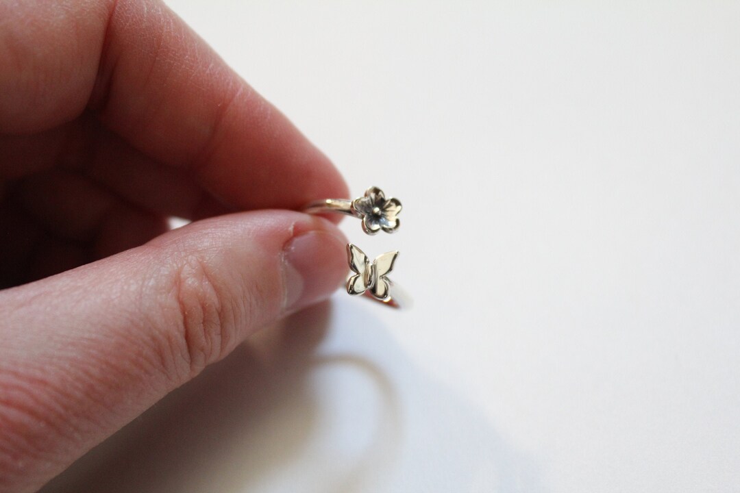 Sterling Silver Adjustable Butterfly and Flower Ring, Silver Adjustable